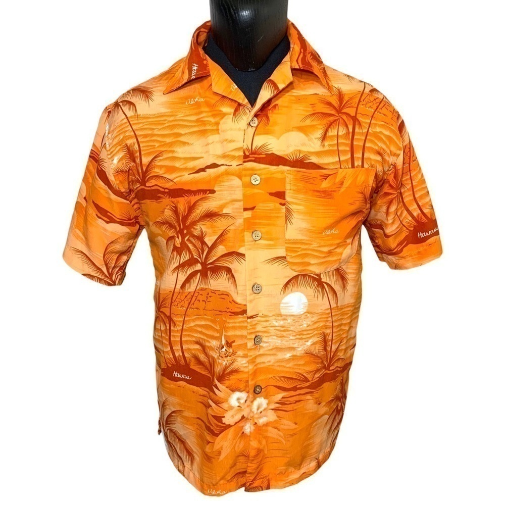 Maui Hawaii Vintage Orange Tropical Sunset Casual Button up Shirt Short Sleeve S